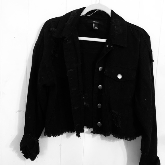 black cropped ripped denim jacket